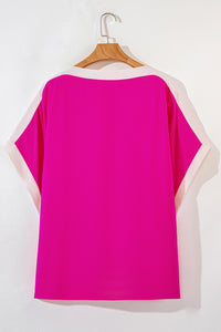 Online Rose Red Oversized Color Block Boat Neck Tunic Blouse