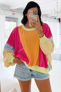 Online Rose Red Plus Size Colorblock Patchwork Exposed Seam Sweatshirt