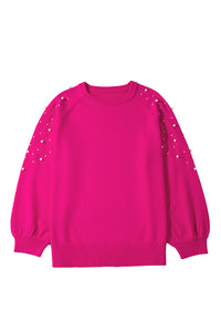 Online Strawberry Pink Pearled Decor Raglan Sleeve Plus Size Sweater