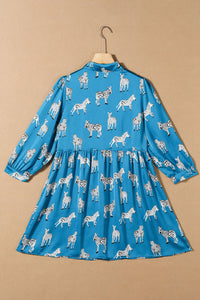 Online Blue Printed Zebra Pattern Pleated Shirt Tunic Dress