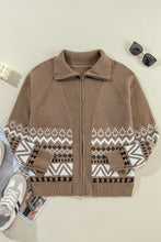 Load image into Gallery viewer, Online Brown Western Printed Ribbed Trim Collared Zip up Cardigan

