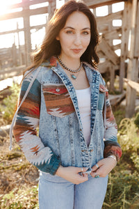 Online Multicolor Aztec Print Frayed Hem Denim Jacket