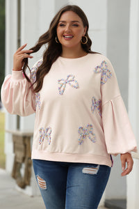 Online Light Pink Embroidered Bow Lantern Sleeve Oversized Pullover Sweatshirt