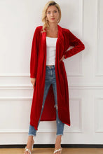 Load image into Gallery viewer, Fiery Red Velvet Open Front Pocketed Long Duster
