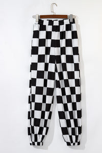 Online Black Checkerboard Elastic Waist Pocketed Joggers