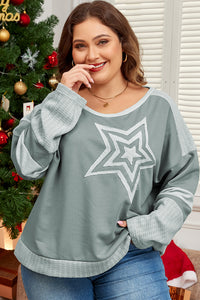 Online Mist Green Stars Patchwork Round Neck Plus Size T Shirt