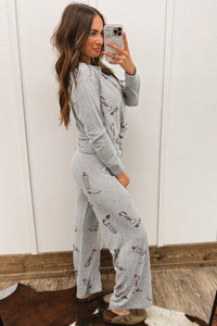 Online Gray Cowgirl Boots Printed Long Sleeve Top Pants Lounge Set