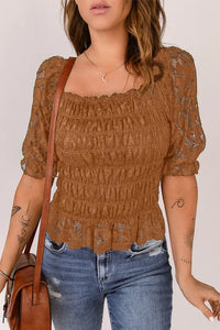 Khaki Floral Lace Crochet Ruffled Shirred Square Neck Top