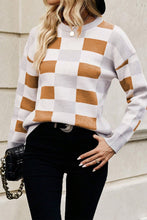 Load image into Gallery viewer, Online Pink Checkered Ribbed Edge O Neck Drop Shoulder Sweater
