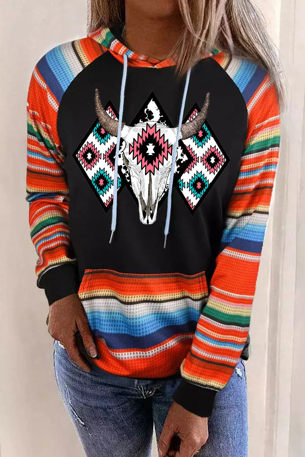 Online Multicolor Western Steer Head Aztec Serape Patchwork Pocketed Hoodie