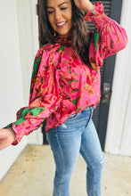 Load image into Gallery viewer, Rose Abstract Print Frilly Neckline Puff Sleeve Blouse
