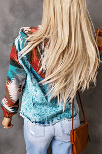 Online Multicolor Aztec Print Frayed Hem Denim Jacket