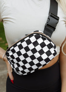 Online White Checkered Print Buckle Wide Belt Crossbody Bag