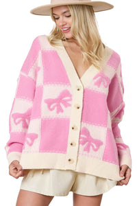 Online Pink Bowknot Checkered Pattern V Neck Drop Shoulder Button Up Cardigan