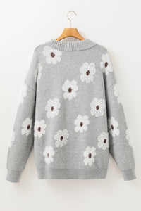 Online Gray Plus Size Embroidered Floral Pattern Half Zip Sweater