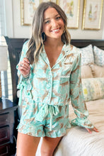 Load image into Gallery viewer, Online Green Leopard Satin Ruffle Pajama Short Set

