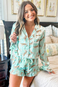 Online Green Leopard Satin Ruffle Pajama Short Set