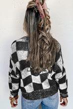 Load image into Gallery viewer, Online Black Checkered Drop Shoulder Buttoned V Neck Cardigan
