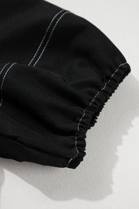 Online Black Contrast Stitches Detail Puffy Half Sleeve Blouse