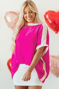 Online Rose Red Oversized Color Block Boat Neck Tunic Blouse