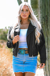 Online Black PU Leather Lapel Collar Zipper Jacket