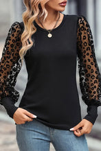 Load image into Gallery viewer, Black Leopard Mesh Puff Sleeve Patchwork Slim Fit Top
