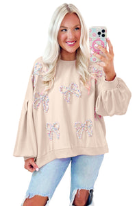 Online Light Pink Embroidered Bow Lantern Sleeve Oversized Pullover Sweatshirt