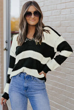 Load image into Gallery viewer, Black Striped Lace Splicing V Neck Knit Sweater
