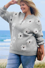 Load image into Gallery viewer, Online Gray Plus Size Embroidered Floral Pattern Half Zip Sweater
