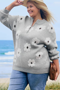 Online Gray Plus Size Embroidered Floral Pattern Half Zip Sweater