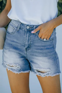 Blue Frayed Hem Denim Shorts with Pockets