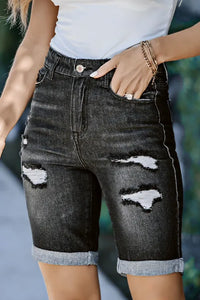 Black Roll-up Distressed Bermuda Denim Shorts