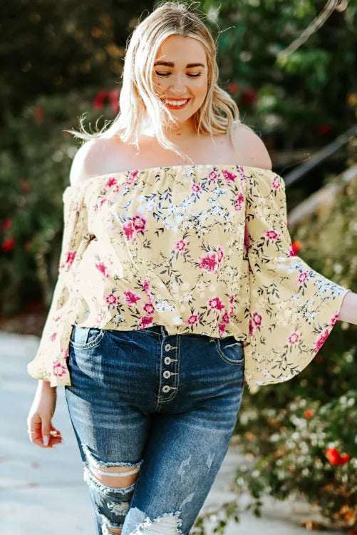 Yellow Yellow Plus Size Floral Off Shoulder Ruffle Sleeve Top