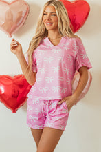 Load image into Gallery viewer, Online Pink Waffle Knit Bowknot Printed V Neck T Shirt and Shorts Set
