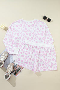 Online Pink Leopard Print Long Sleeve Top Plus Size Shorts Set