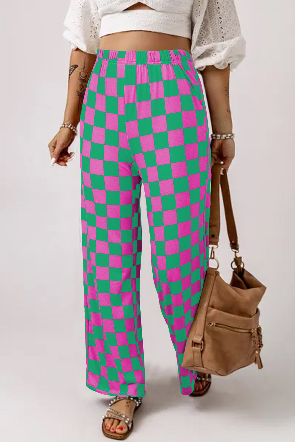 Online Green 2-Tone Checked Print High Waist Wide Leg Pants