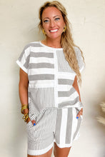 Load image into Gallery viewer, Online Gray Stripe Mixed Print Short Sleeve Top and Pocketed Shorts Set
