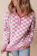 Load image into Gallery viewer, Online Apricot Checkered Buttons Collar V Neck Drop Shoulder Sweater
