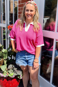 Online Pink Contrast Trim Collared Split Neck Short Sleeve Plus Size Top