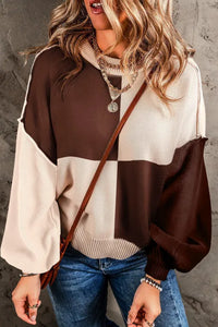Chicory Coffee Contrast Color Exposed Seam Drop Shoulder Sweater