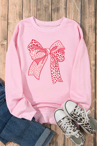 Online Pink Leopard Bowknot Printed Crewneck Pullover Sweatshirt