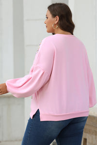 Online Light Pink Embroidered Bow Lantern Sleeve Oversized Pullover Sweatshirt