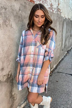 Load image into Gallery viewer, Pink Plaid Roll-tab Sleeve Side Slit Shirt Dress
