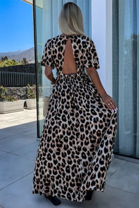 Online Khaki Leopard V Neck Cinched High Waist Open Back Maxi Dress