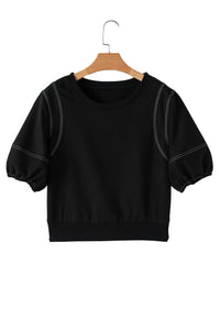 Online Black Contrast Stitches Detail Puffy Half Sleeve Blouse