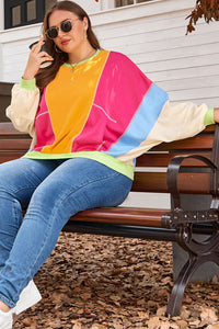 Online Rose Red Plus Size Colorblock Patchwork Exposed Seam Sweatshirt