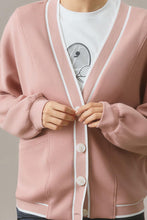 Load image into Gallery viewer, Pink Stripe Contrast Trim V Neck Buttoned Front Pocketed Knit Cardigan
