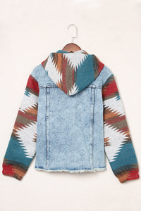 Online Multicolor Aztec Print Frayed Hem Denim Jacket