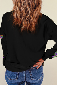 Online Black Sequin Mardi Gras Bow Graphic Drop Shoulder Pullover Sweatshirt
