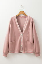 Load image into Gallery viewer, Pink Stripe Contrast Trim V Neck Buttoned Front Pocketed Knit Cardigan
